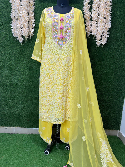 Lucknowi Chikankari Kurta Set with Dupatta – Parsi Gara Embroidered Neckline