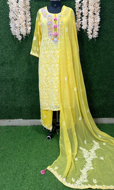 Lucknowi Chikankari Kurta Set with Dupatta – Parsi Gara Embroidered Neckline