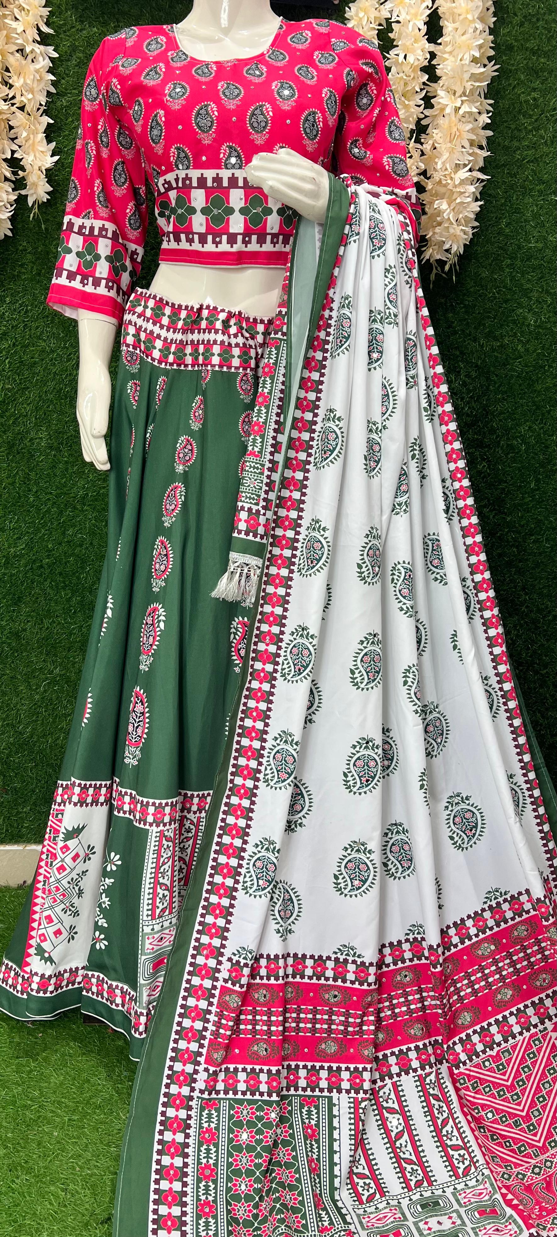 Traditional Green & Pink Ajrakh Printed Caniya Choli with Dupatta – Festive Wear for Women