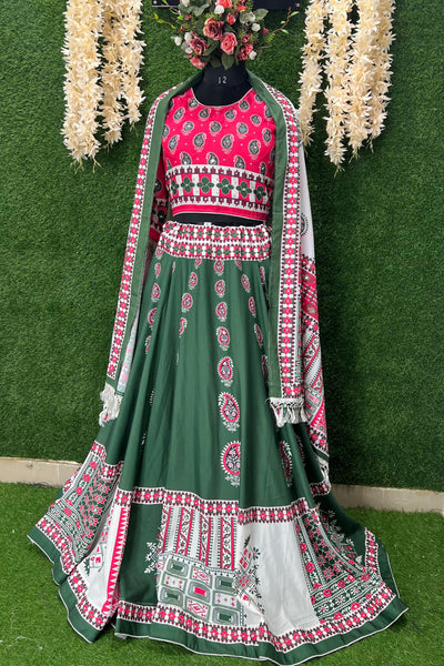 Traditional Green & Pink Ajrakh Printed Caniya Choli with Dupatta – Festive Wear for Women