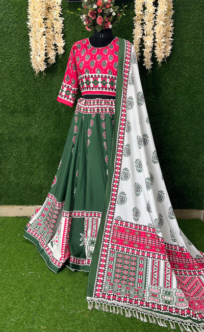 Traditional Green & Pink Ajrakh Printed Caniya Choli with Dupatta – Festive Wear for Women