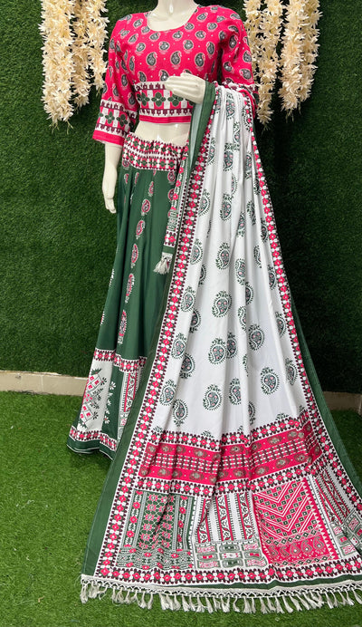 Traditional Green & Pink Ajrakh Printed Caniya Choli with Dupatta – Festive Wear for Women