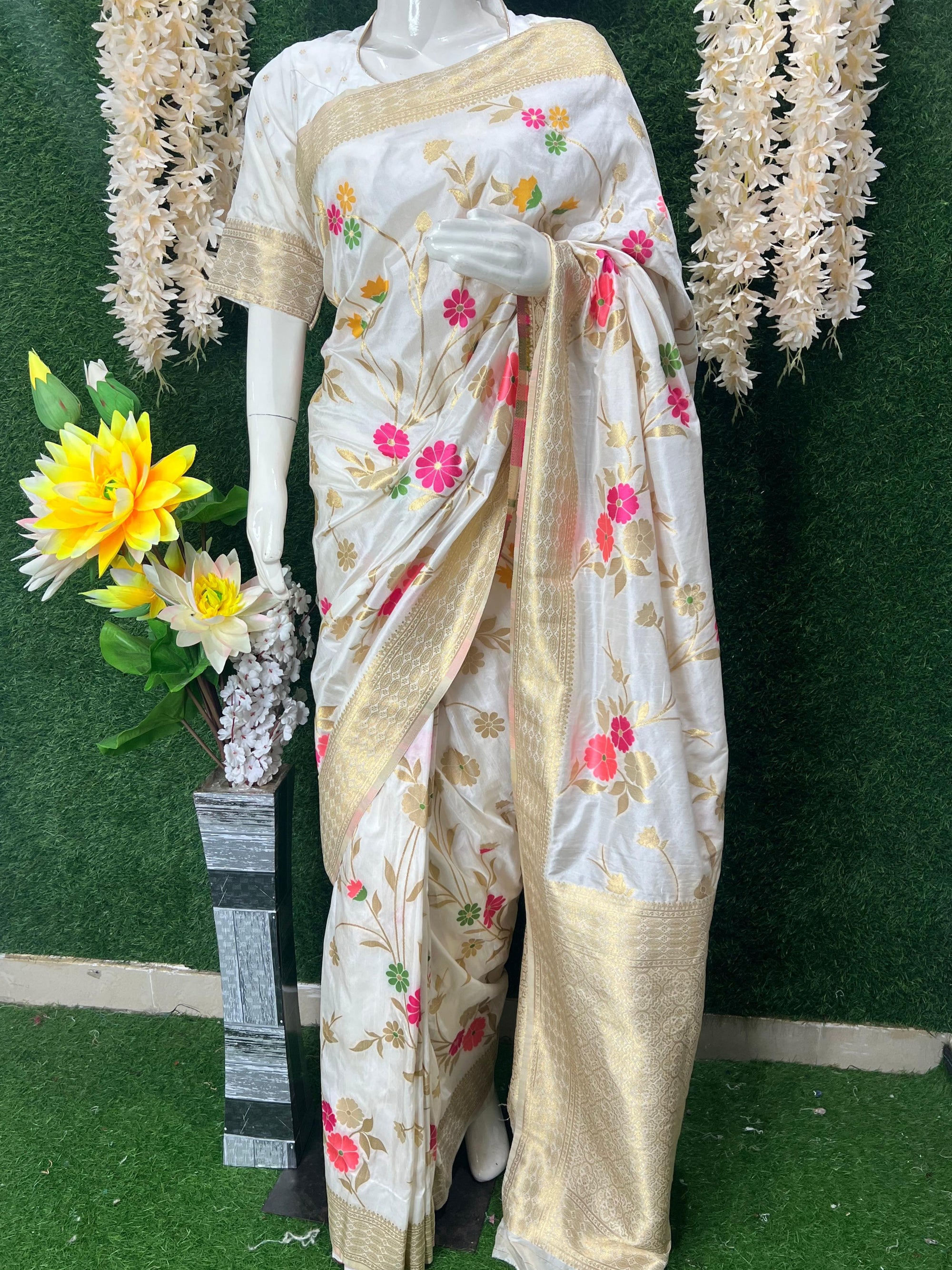 White Banarasi Saree with Golden Zari Border & Multicolor Floral Weaving