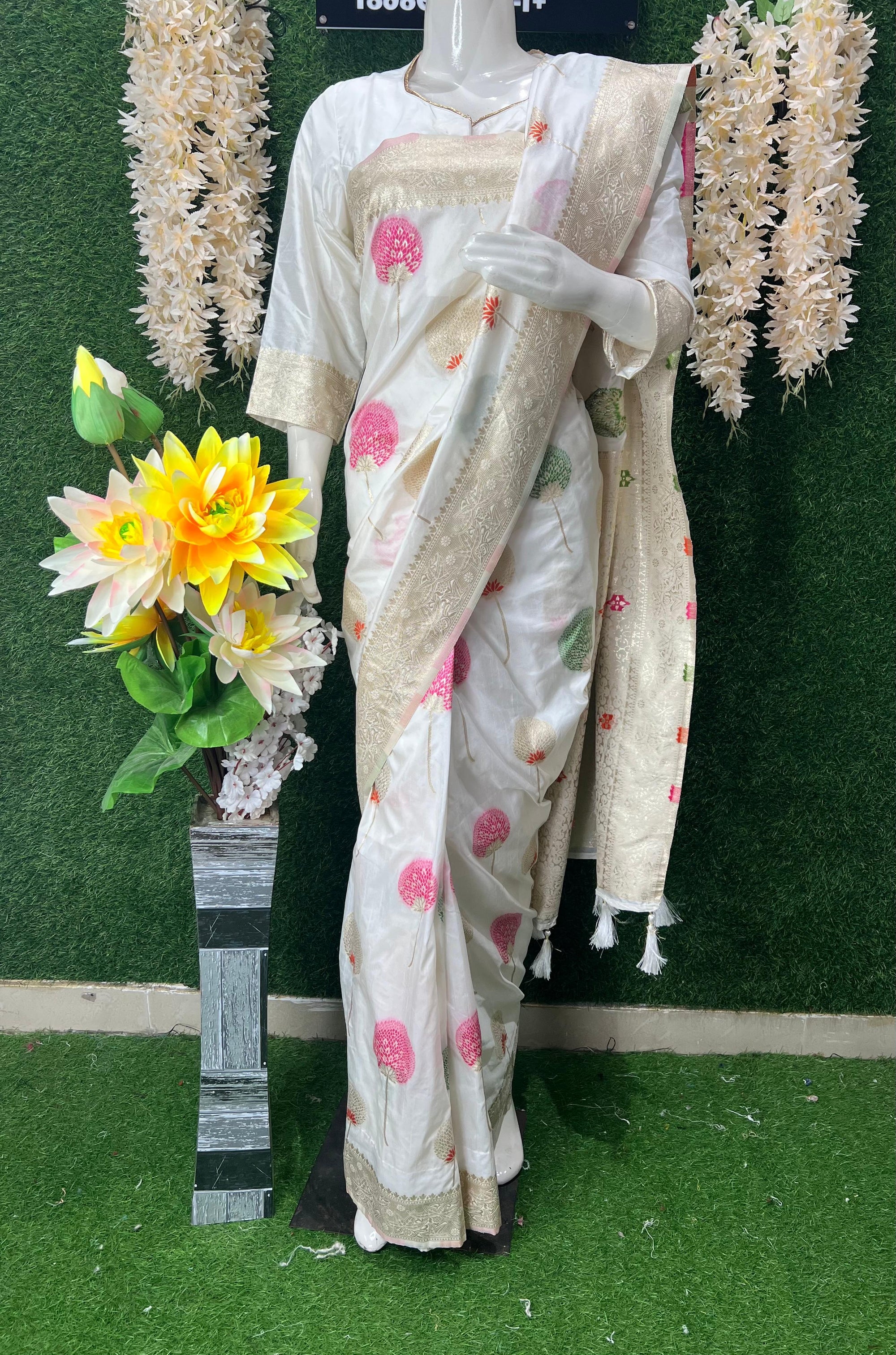 White Banarasi Saree with Golden Zari Border & Multicolor Floral Weaving