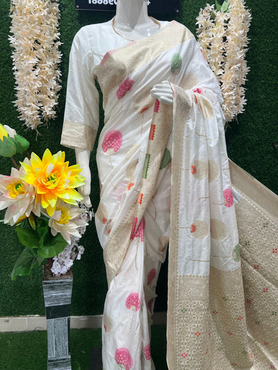 White Banarasi Saree with Golden Zari Border & Multicolor Floral Weaving