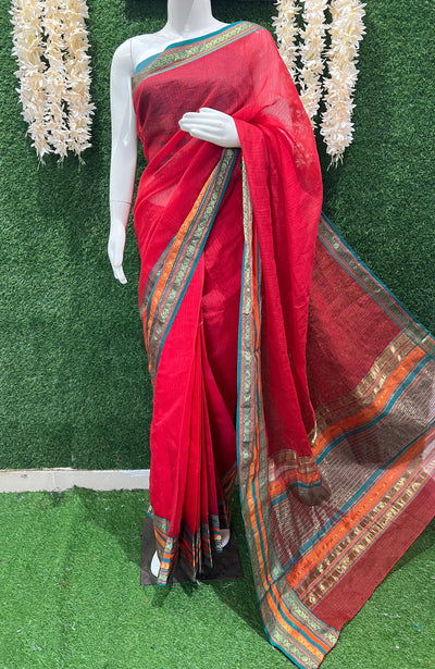 Beautiful red kota doria cotton with manipuri border wrap in 1 minute saree