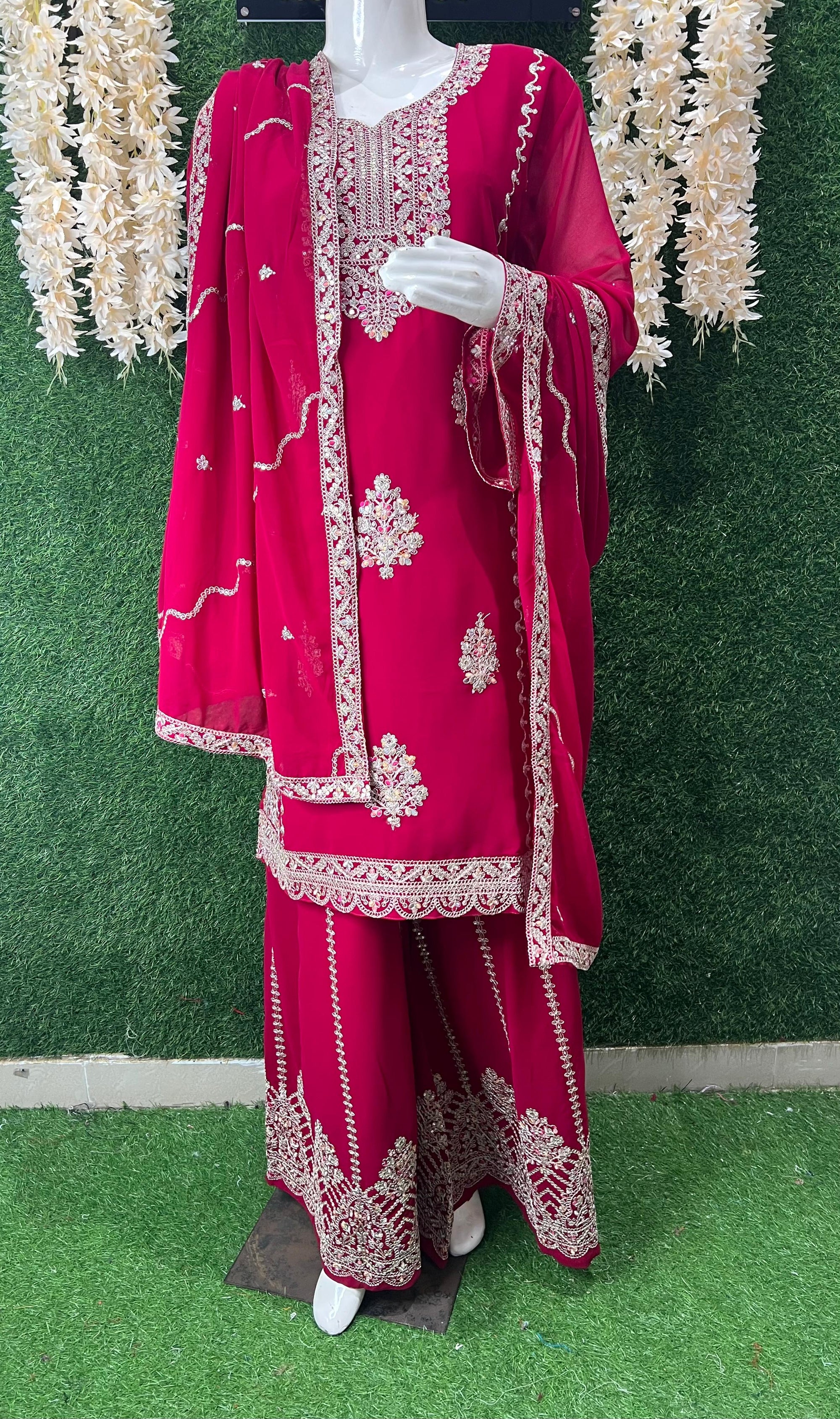 Elegant Embroidered Straight Kurta with Sharara & Dupatta