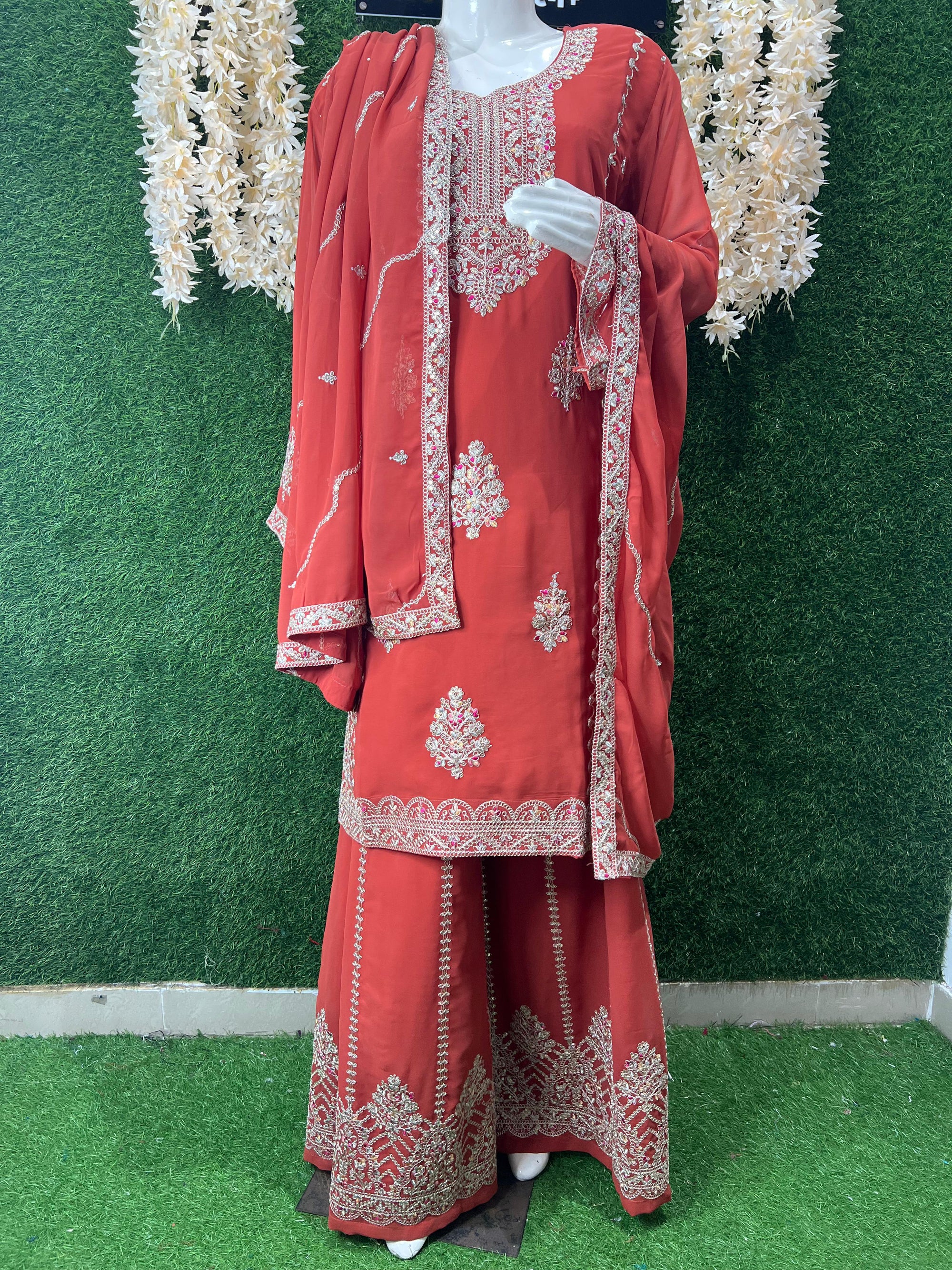 Graceful Embroidered Kurta with Sharara & Dupatta