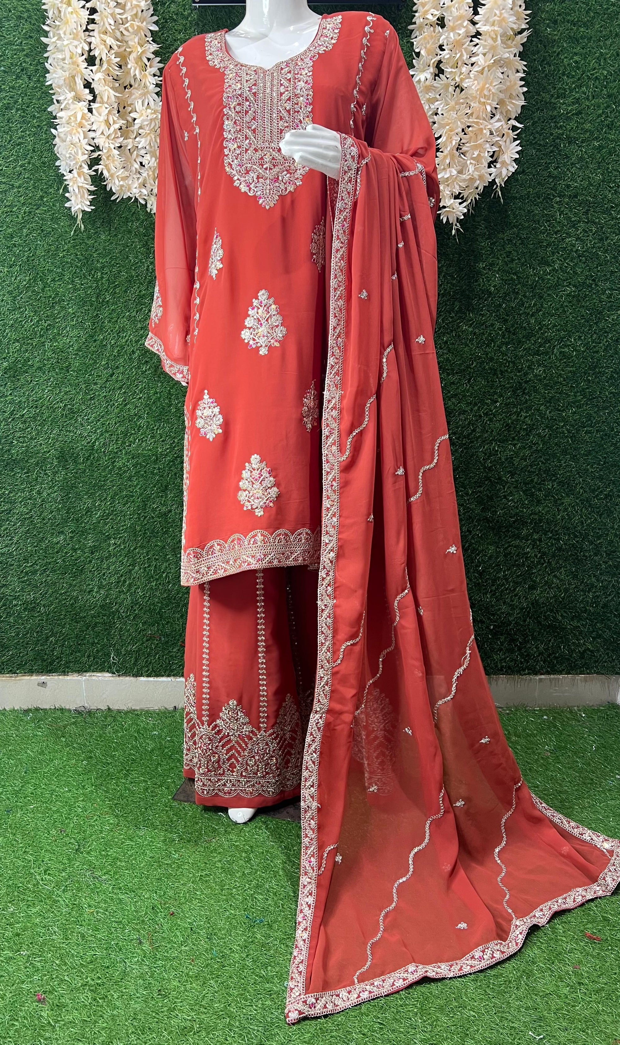 Graceful Embroidered Kurta with Sharara & Dupatta