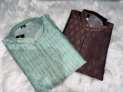 Men’s Silk Jacquard Kurta Pajama Set with Copper Zari Weave & Full Lining