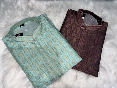 Men’s Silk Jacquard Kurta Pajama Set with Copper Zari Weave & Full Lining