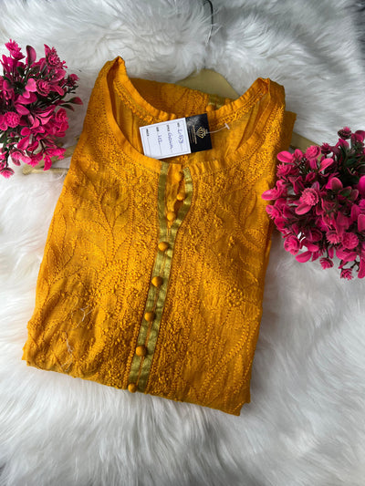 Lucknowi Chikankari Chanderi Long Kurti with Full Embroidery