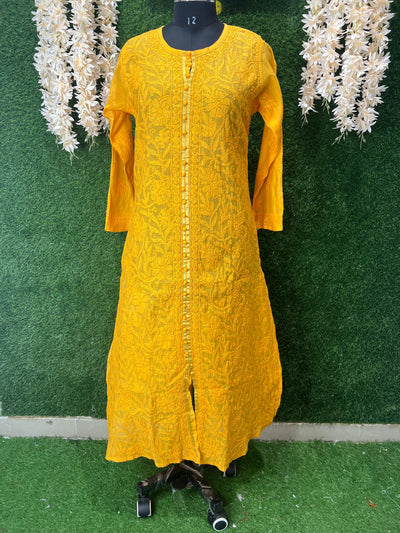 Lucknowi Chikankari Chanderi Long Kurti with Full Embroidery