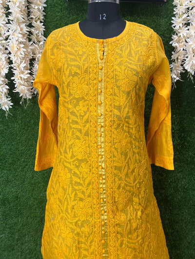 Lucknowi Chikankari Chanderi Long Kurti with Full Embroidery