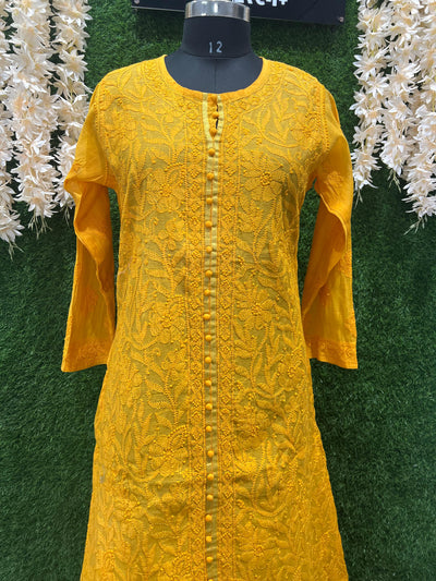 Lucknowi Chikankari Chanderi Long Kurti with Full Embroidery
