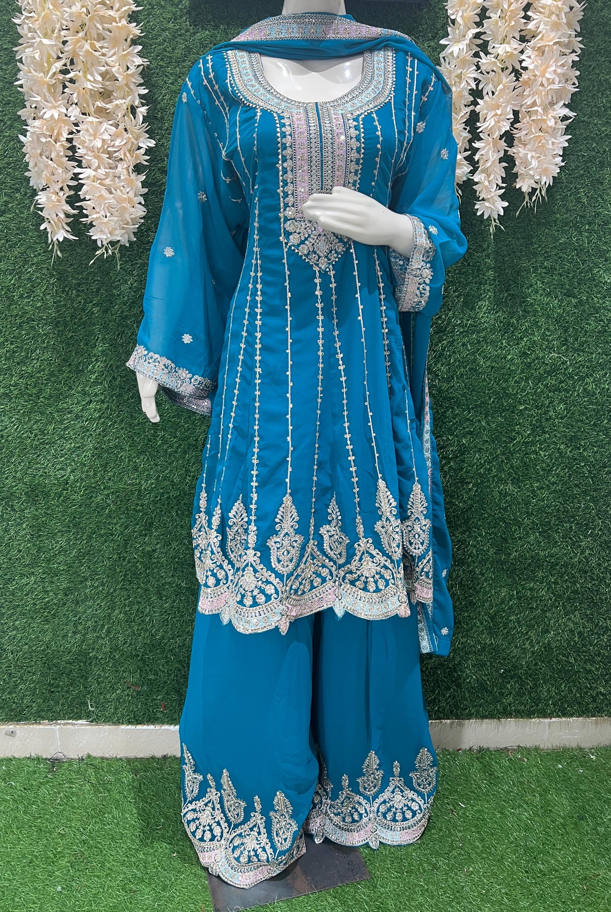 Vibrant Teal Embroidered Sharara Set – Elegant Festive & Party Wear