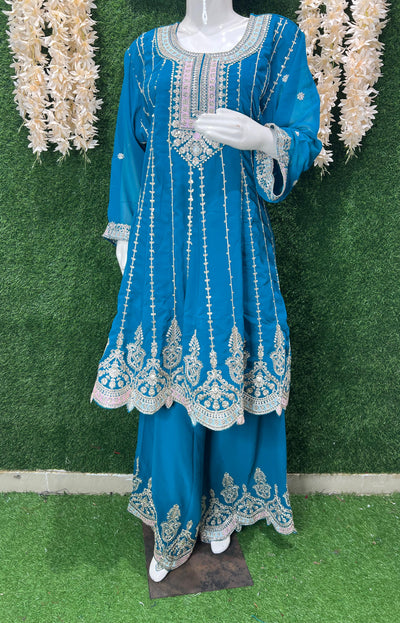 Vibrant Teal Embroidered Sharara Set – Elegant Festive & Party Wear