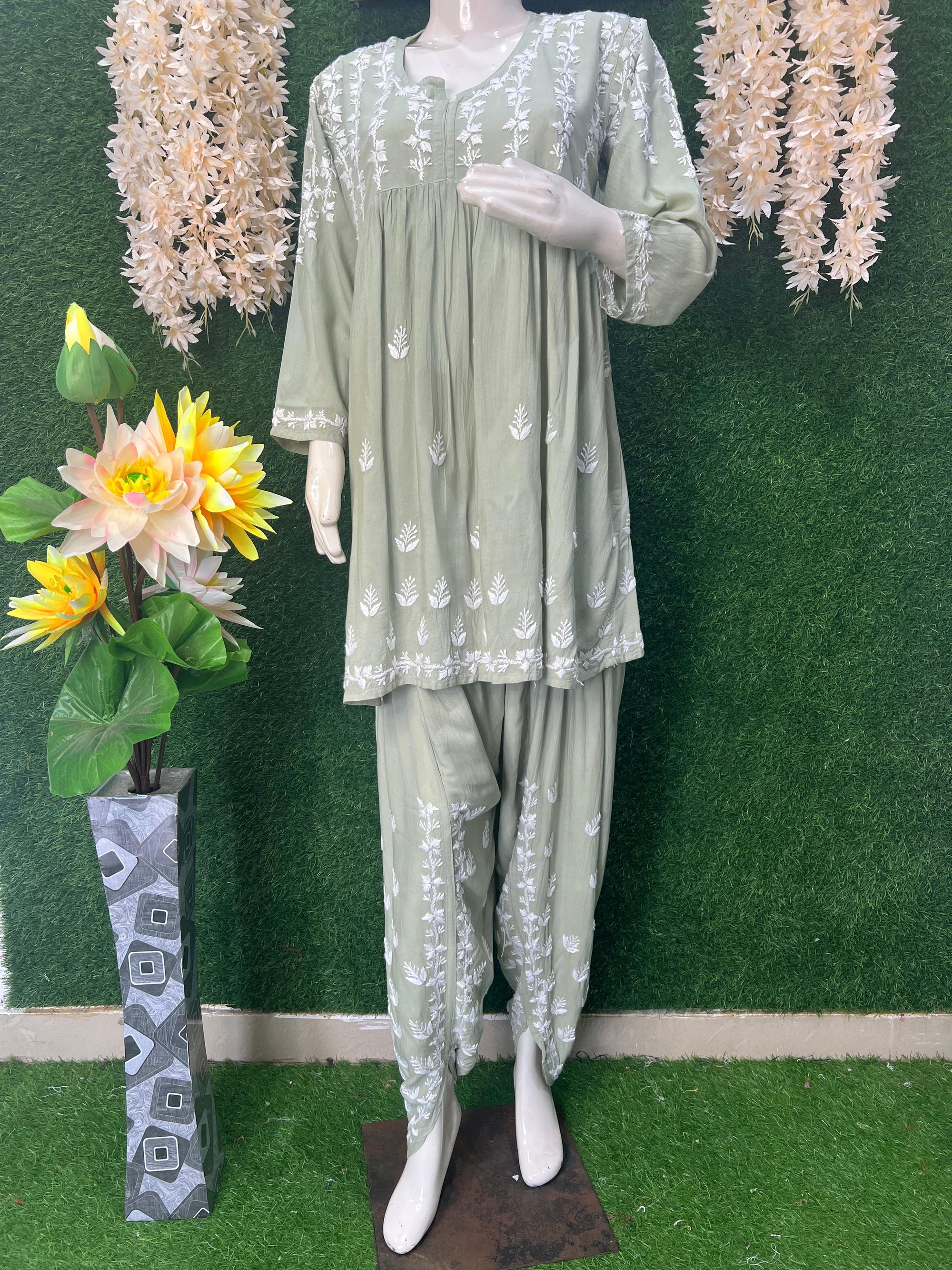 Lucknowi Chikankari Dhoti Co-Ord Set with Dhoti Pant