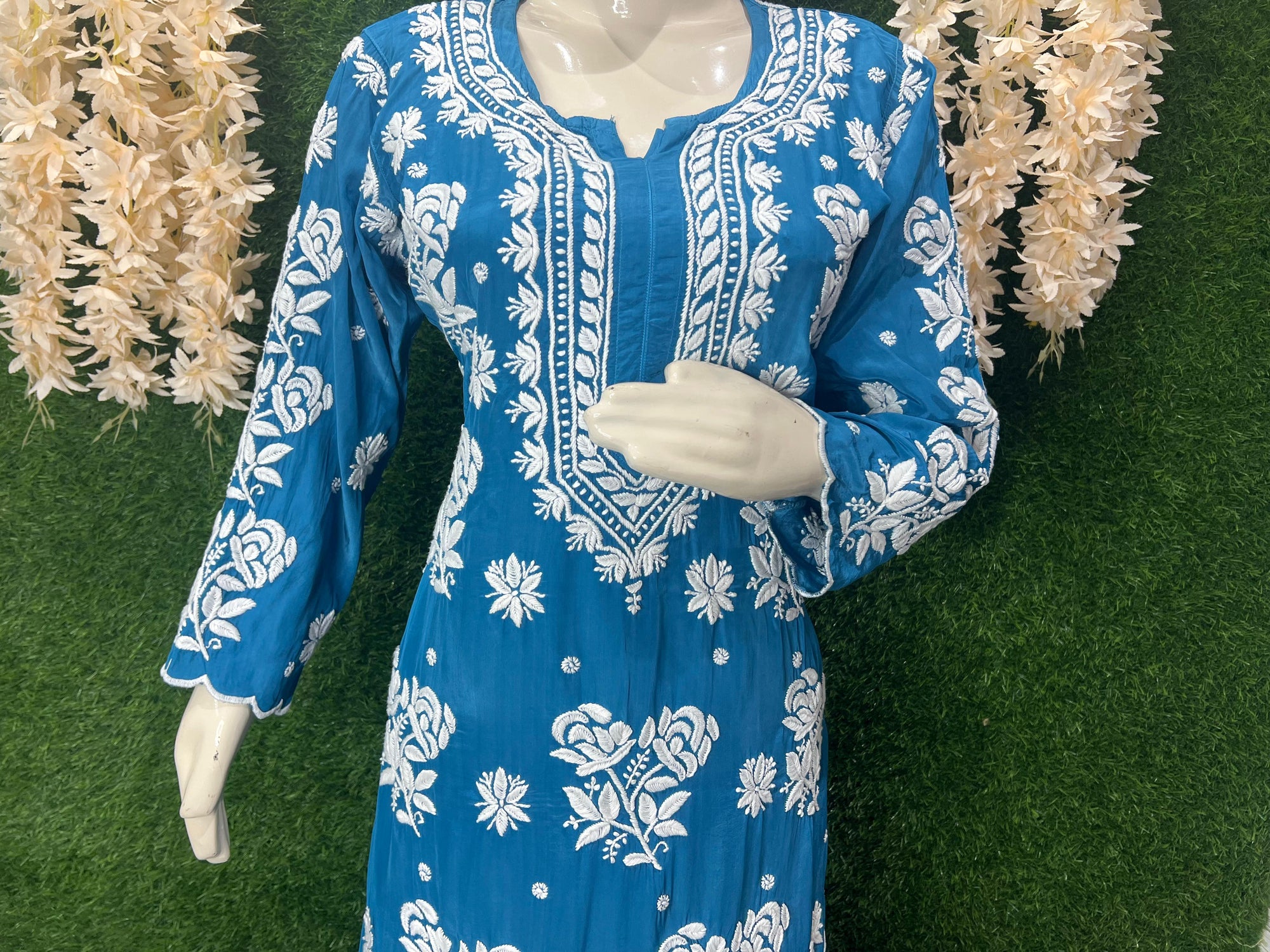 Stylish Crepe Lucknowi Chikankari Kurta Set with Scalloped Border