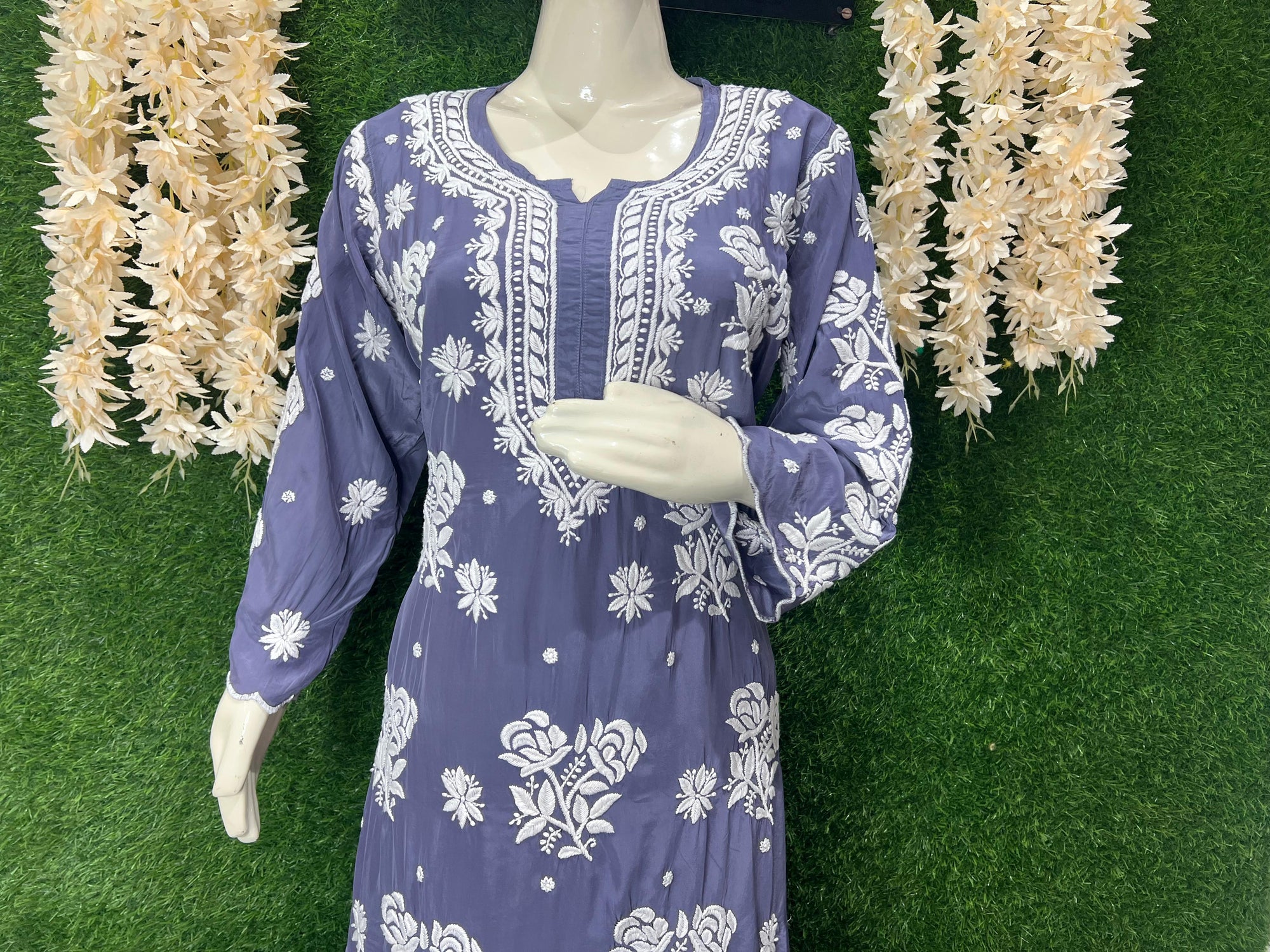 Stylish Crepe Lucknowi Chikankari Kurta Set with Scalloped Border