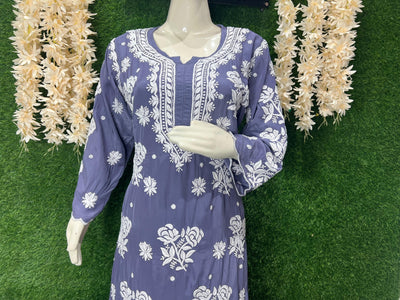 Stylish Crepe Lucknowi Chikankari Kurta Set with Scalloped Border