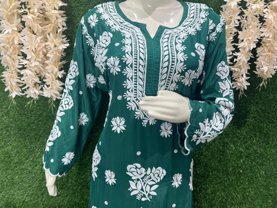 Stylish Crepe Lucknowi Chikankari Kurta Set with Scalloped Border