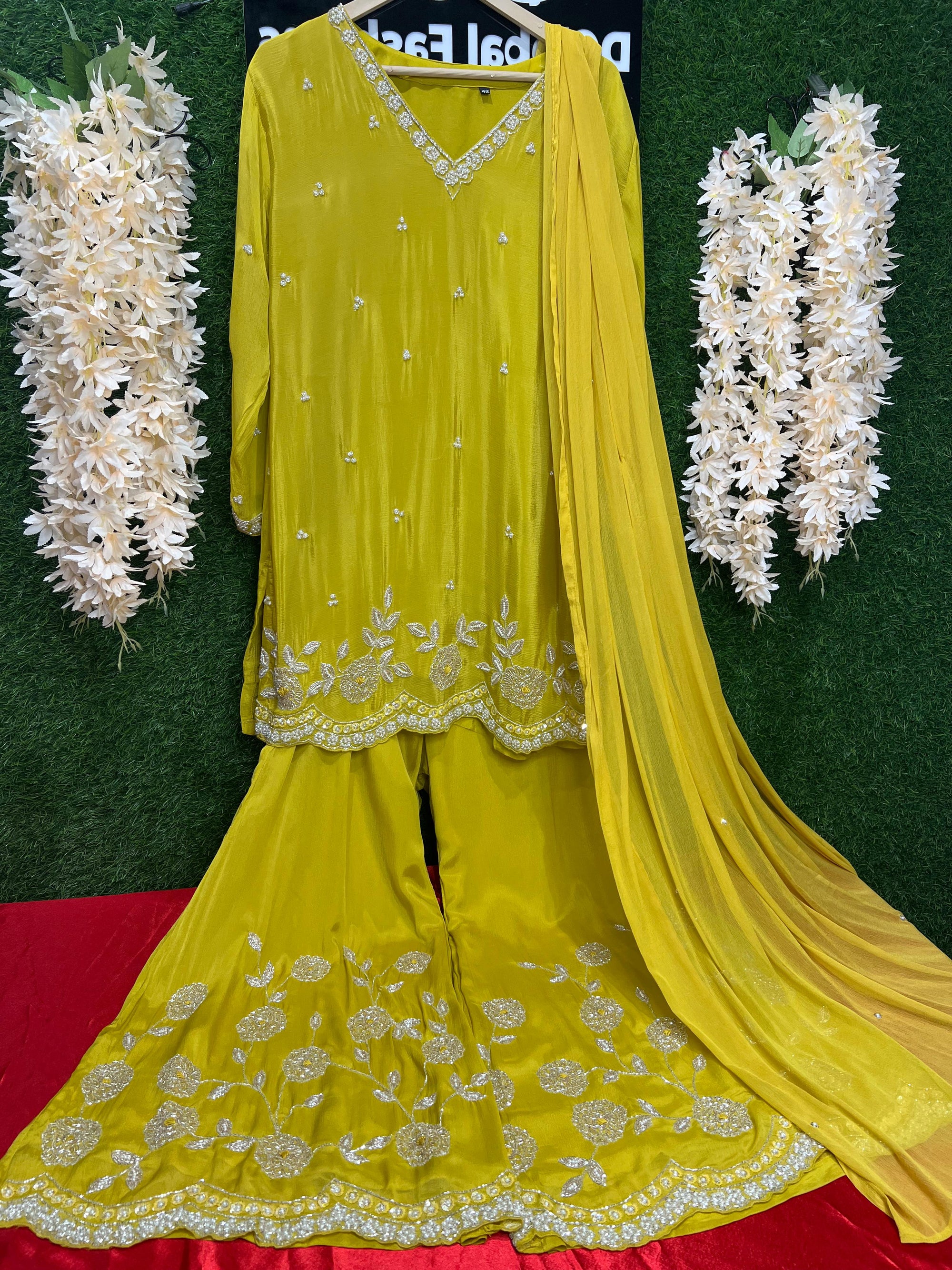 Crepe Embroidered Suit Set with Exquisite Cutdana & Pearl Handwork