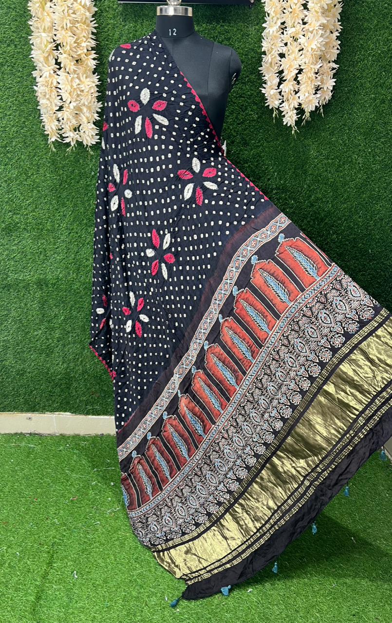 Bandhani with Hand Block Ajrakh (vegetable dye) Gajji Silk Dupatta