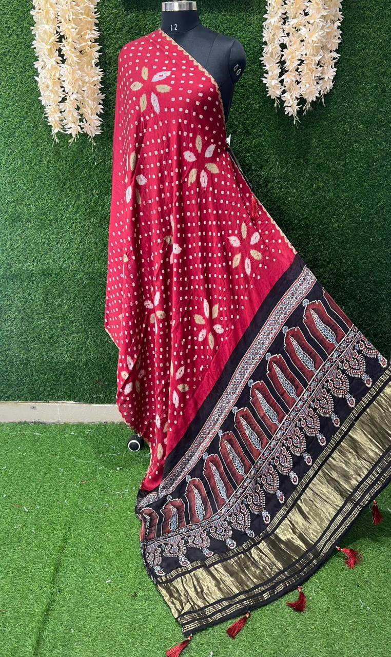 Bandhani with Hand Block Ajrakh (vegetable dye) Gajji Silk Dupatta