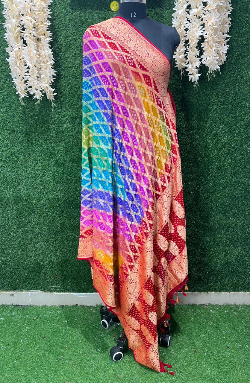 Multi Pure Georgette Banarasi Bandhej Handloom Dupatta