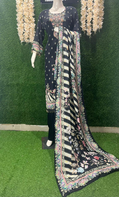 Crepe Printed Suit Set with Handcrafted Detailing & Chinnon Dupatta