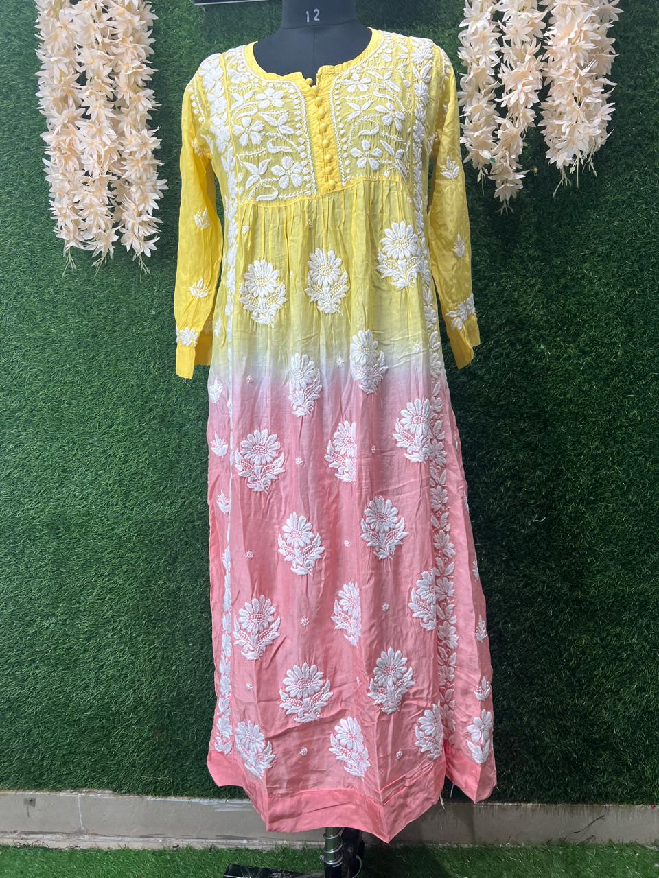 Nayra Ombre Kurti with 3D Handwork & Chikankari Embroidery