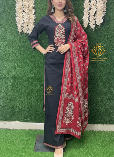Cotton Suit Set with Hand Block Ajrakh Dupatta