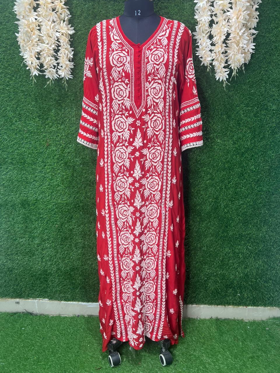 Lucknowi Chikankari Muslin Silk Maharani long Dress with Full Lace Work