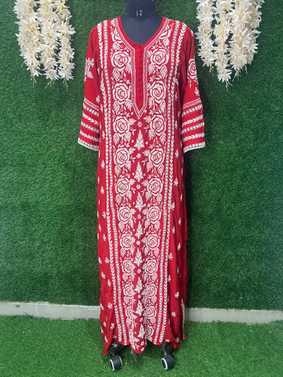 Lucknowi Chikankari Muslin Silk Maharani long Dress with Full Lace Work