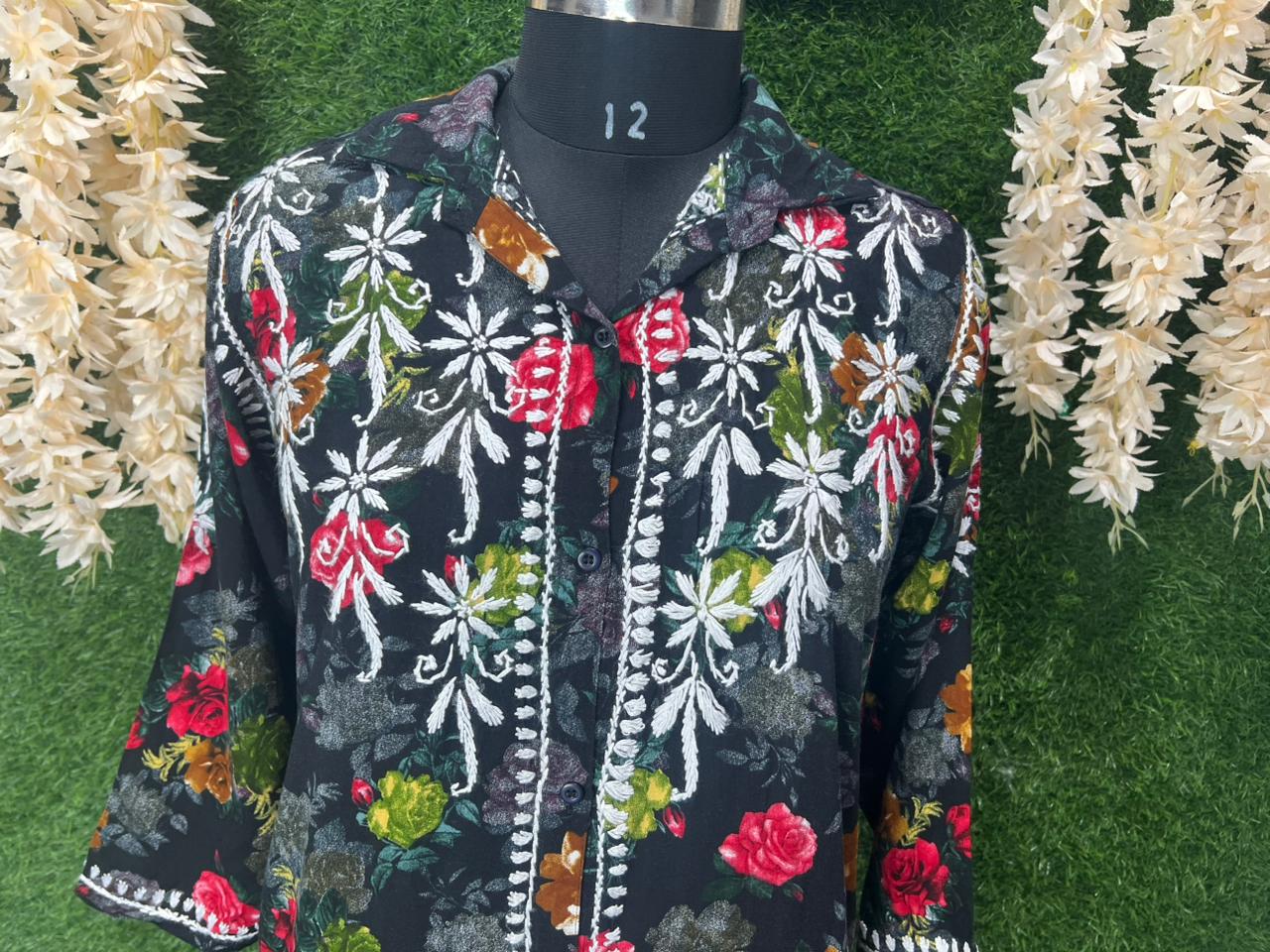 Mul Print Lucknowi Chikankari Shirt-Style Top