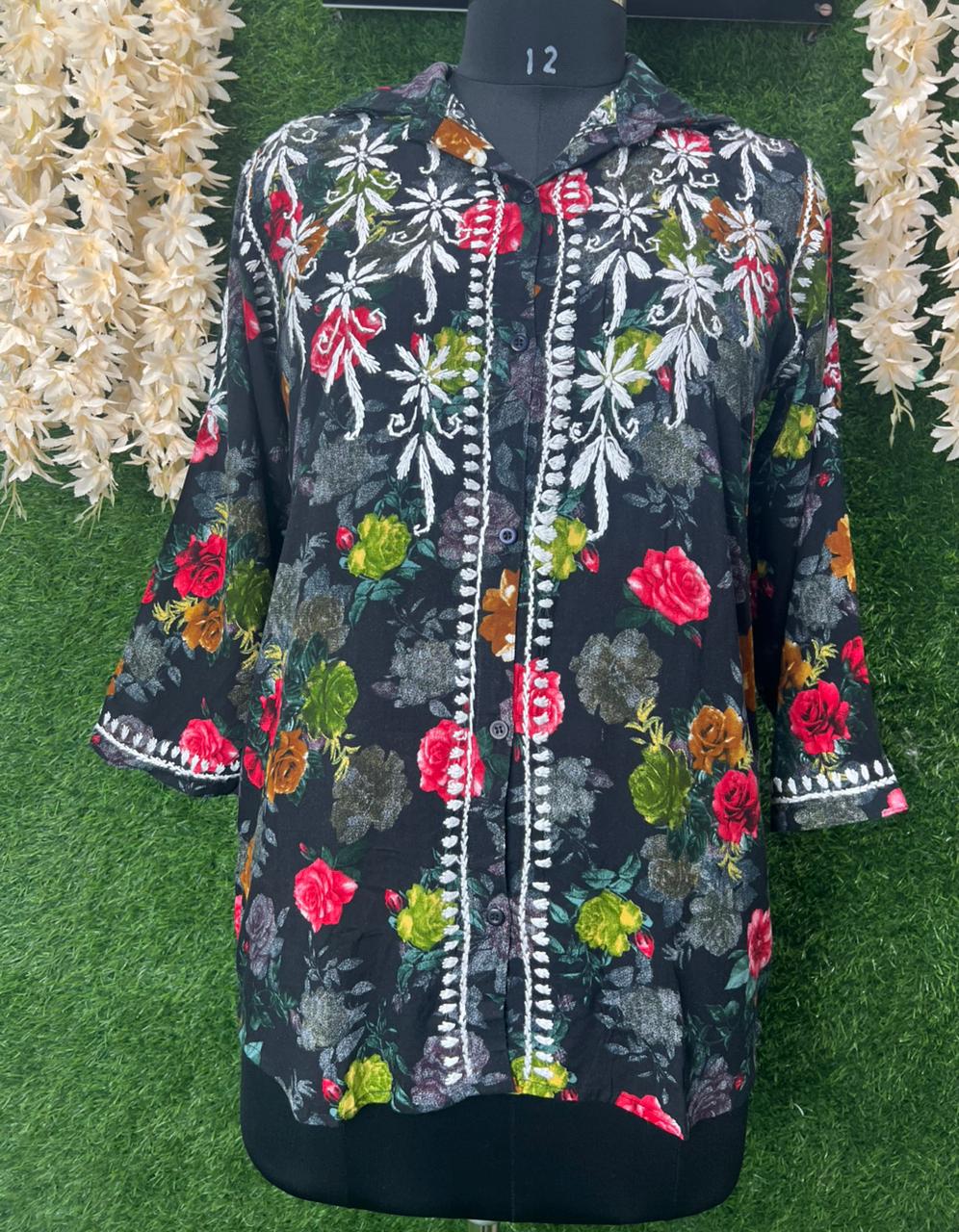 Mul Print Lucknowi Chikankari Shirt-Style Top