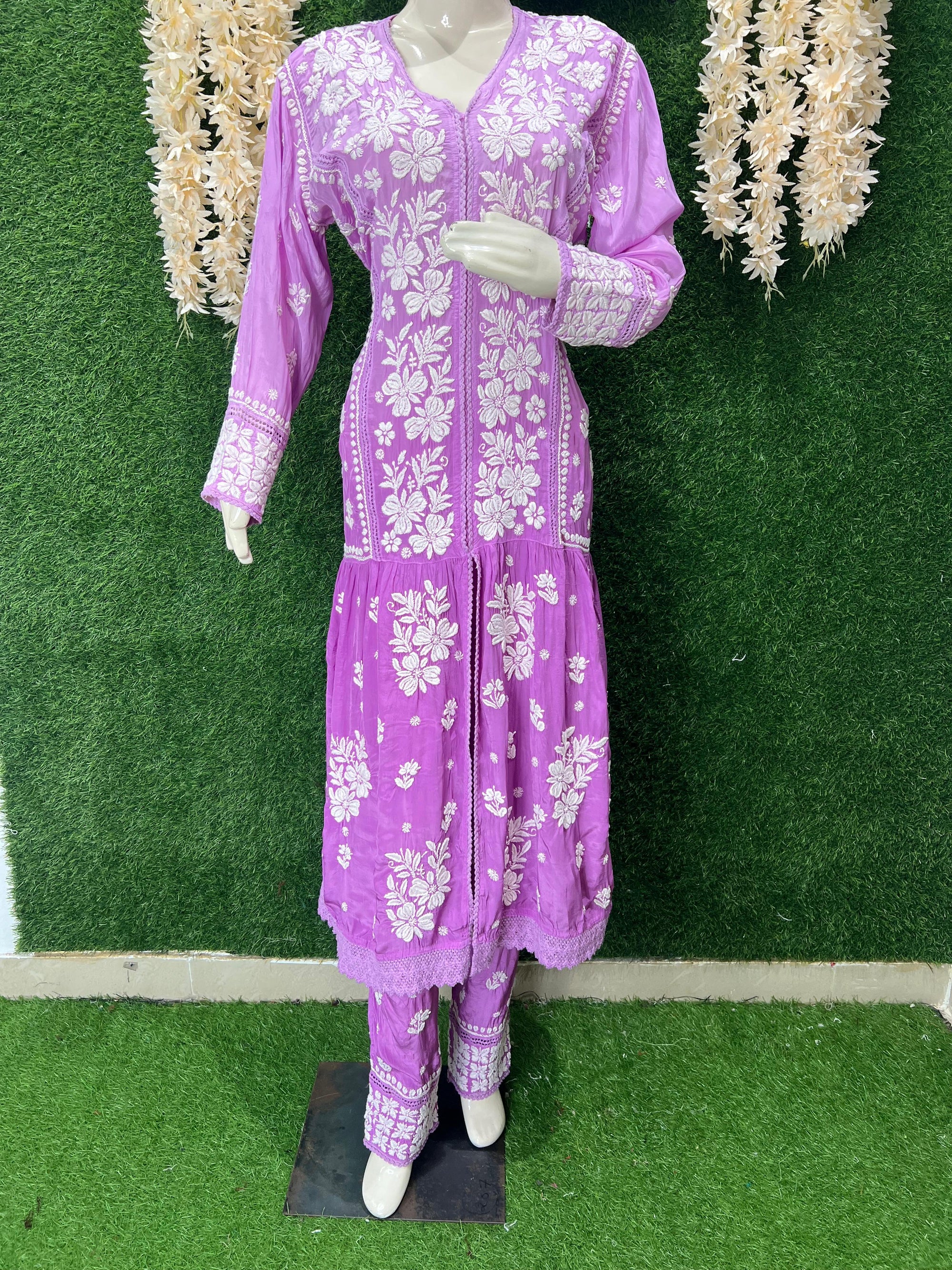 Crape Lucknowi Chikankari Co-Ord Set with Thread Work & Ombre Shade