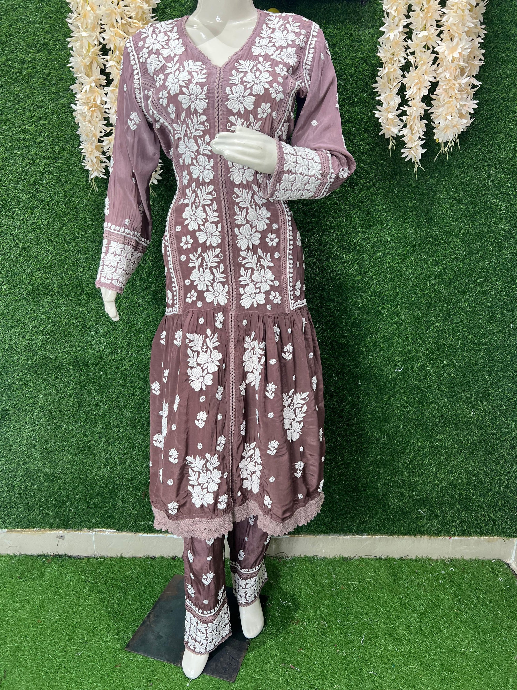 Crape Lucknowi Chikankari Co-Ord Set with Thread Work & Ombre Shade