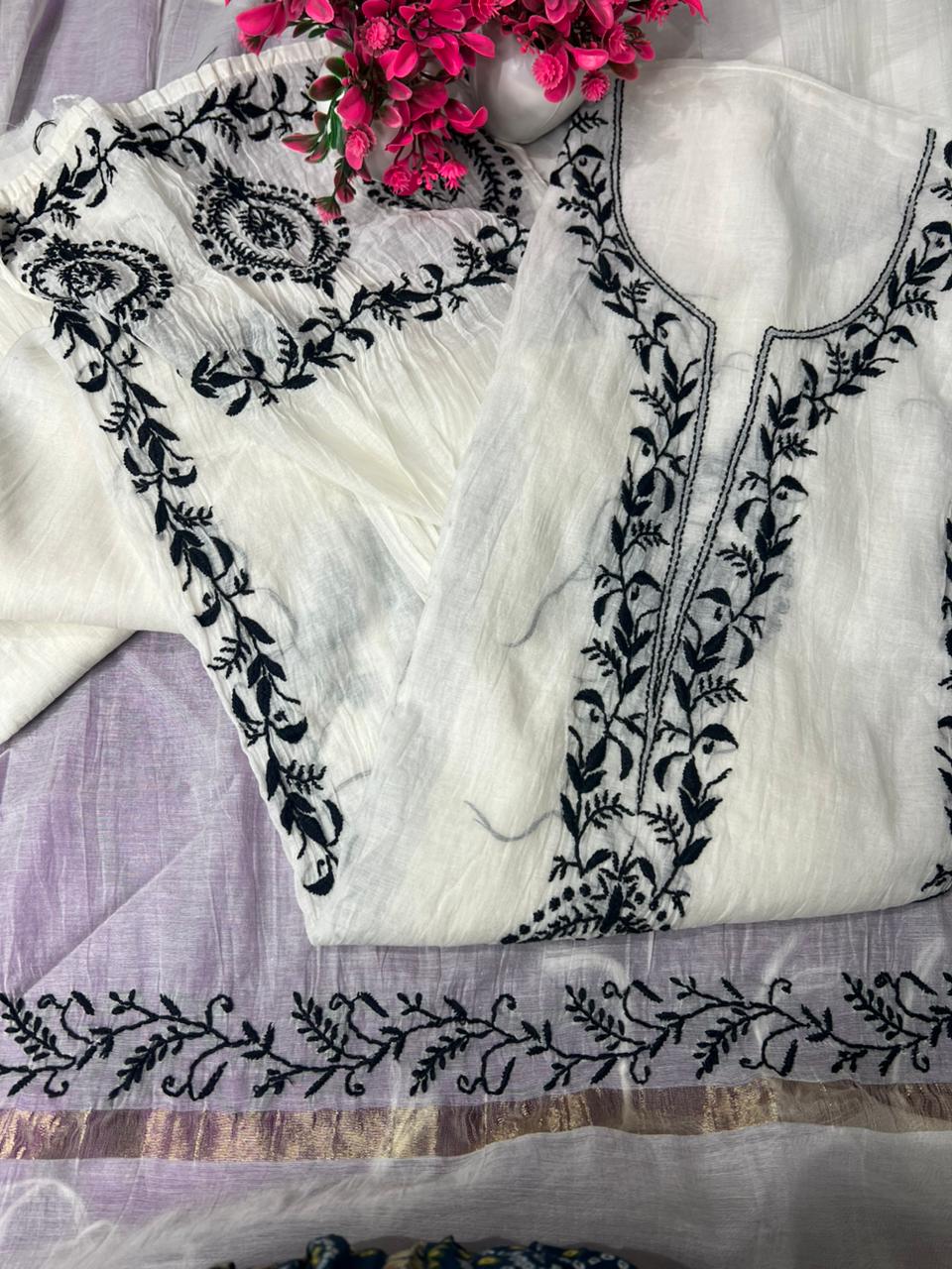 Lucknowi Chikankari Mul Chanderi Unstitched Suit with Kurta & Dupatta
