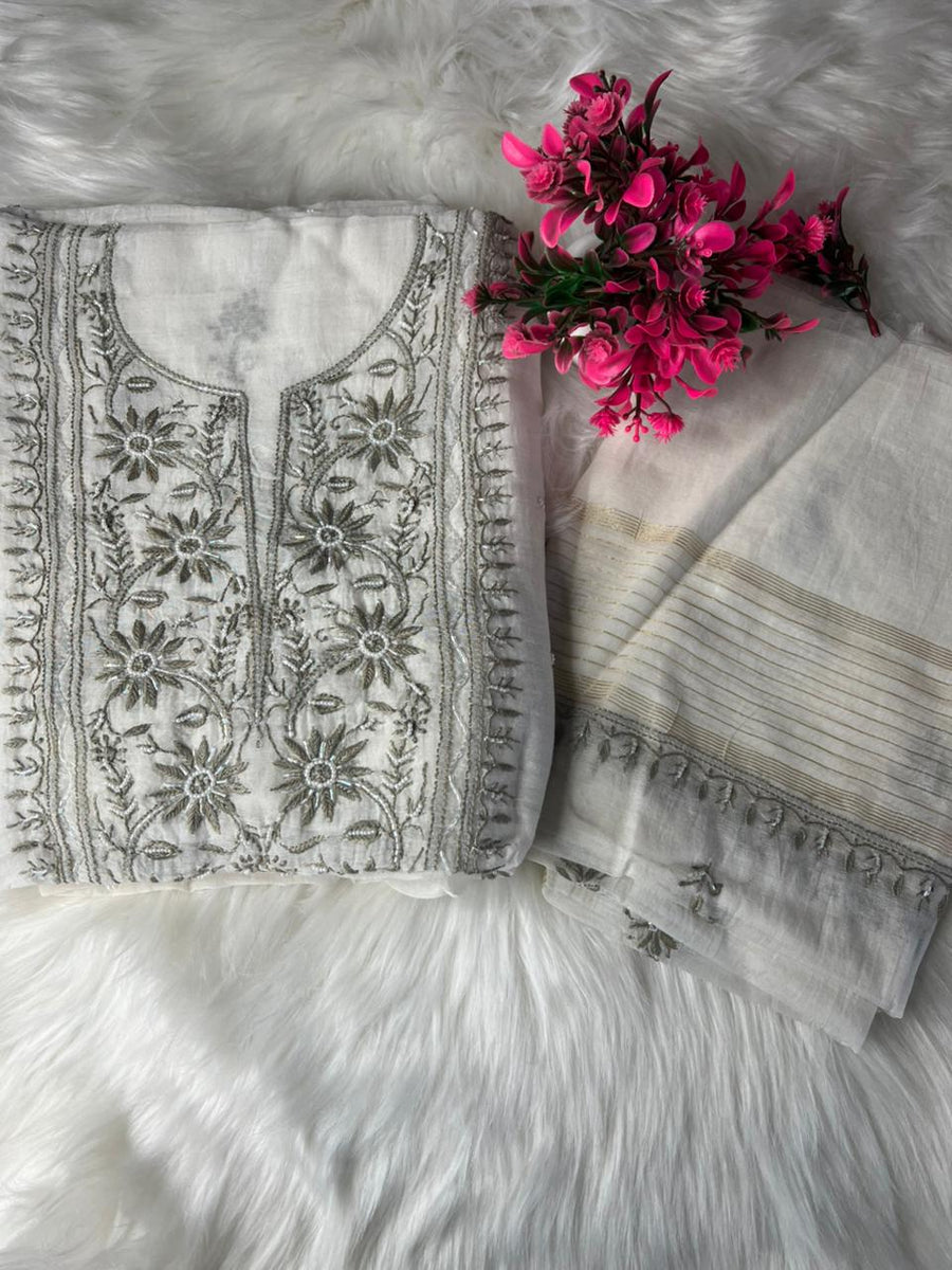 Women’s Lucknowi Handcrafted Mul Chanderi Unstitched Kurta And Dupatta Set
