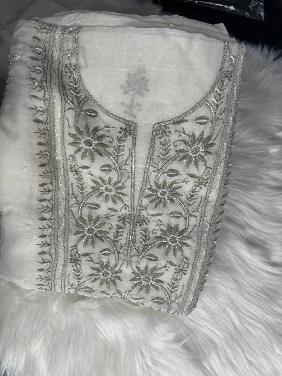 Women’s Lucknowi Handcrafted Mul Chanderi Unstitched Kurta And Dupatta Set