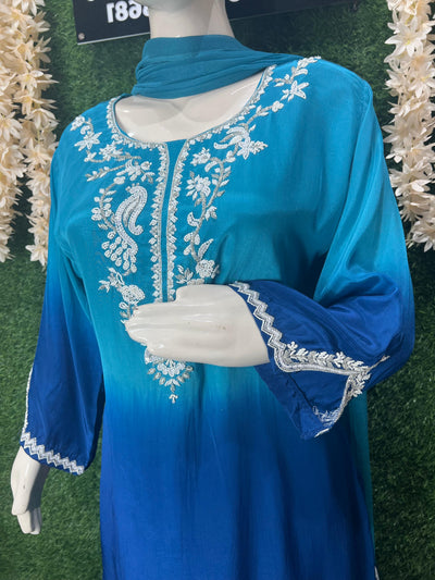 Ombre Embroidered Crepe Farshi Suit Set with Cutdana & Pearl Handwork