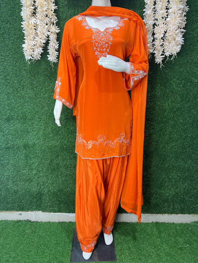 Orange Crepe Zardozi Farshi Suit Set with Top & Chiffon Dupatta