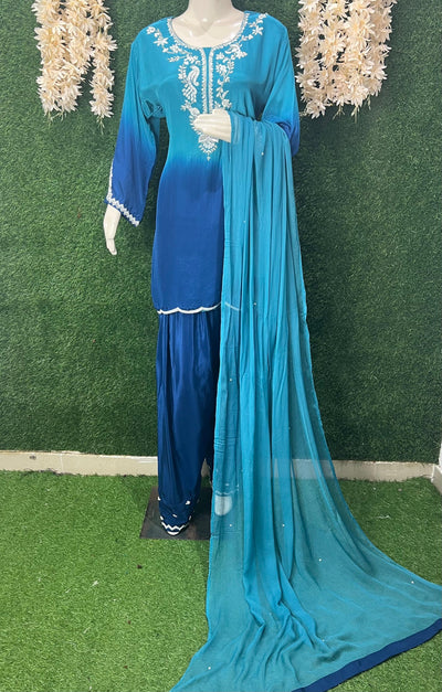 Ombre Embroidered Crepe Farshi Suit Set with Cutdana & Pearl Handwork
