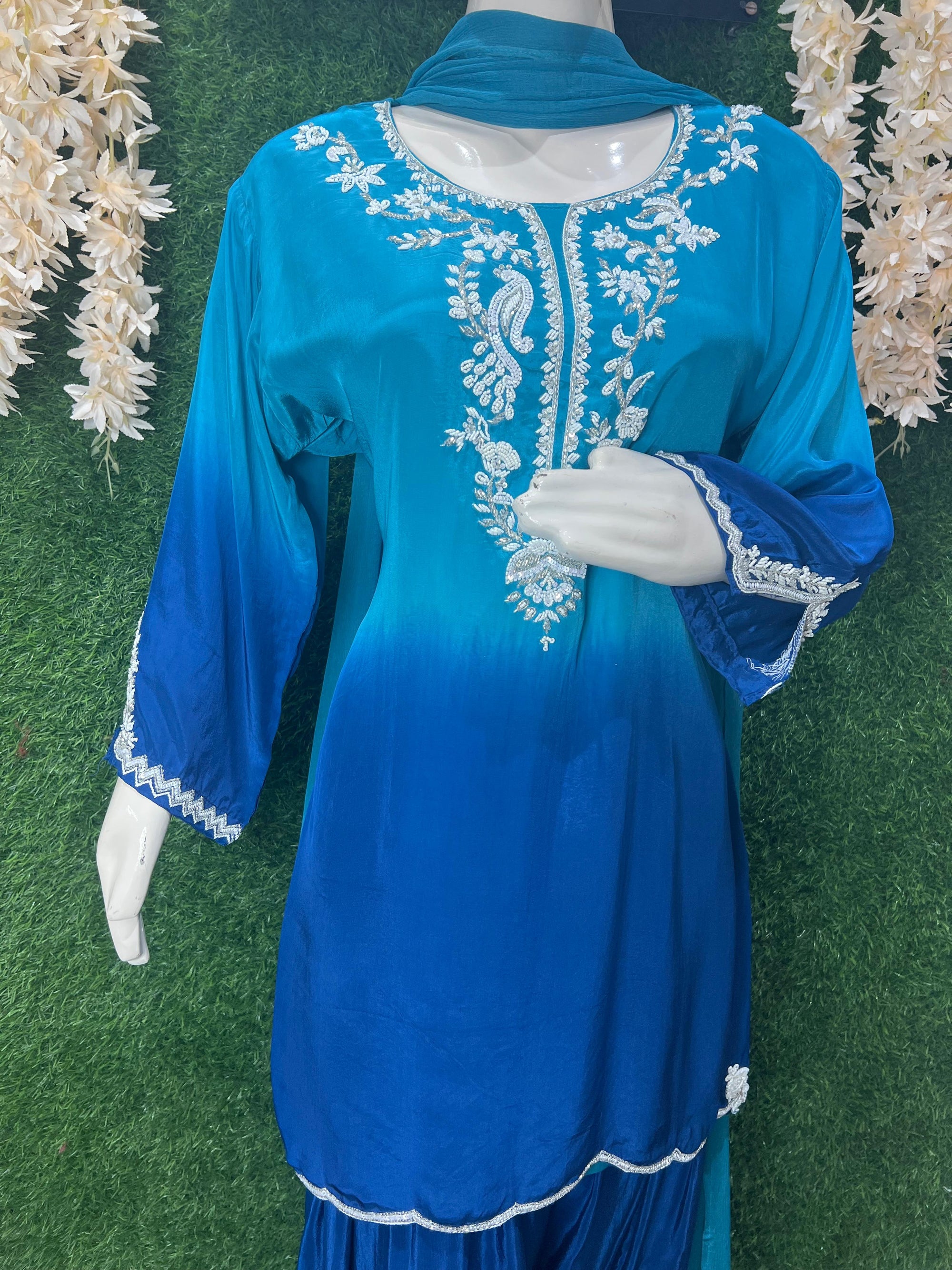 Ombre Embroidered Crepe Farshi Suit Set with Cutdana & Pearl Handwork