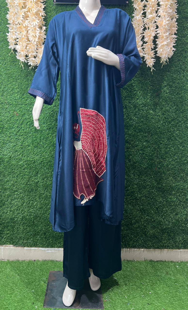 Gajji Silk A-Line Kurti & Pant Set with Applique Patch Embroidery