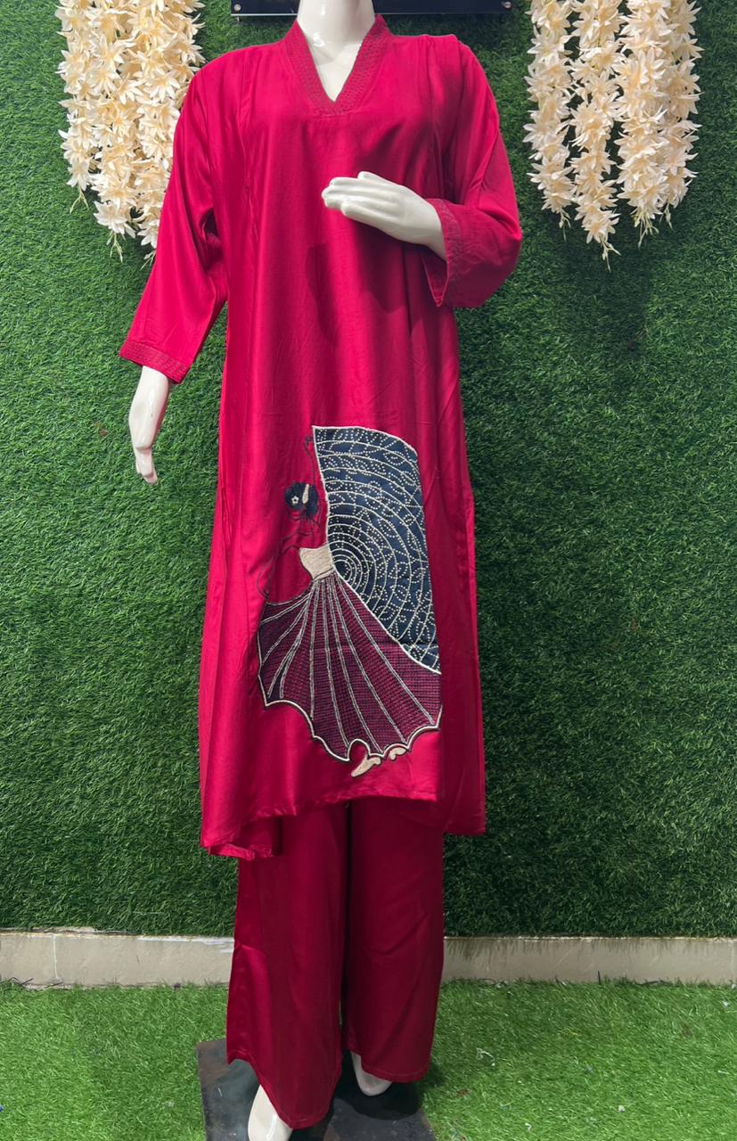 Gajji Silk A-Line Kurti & Pant Set with Applique Patch Embroidery