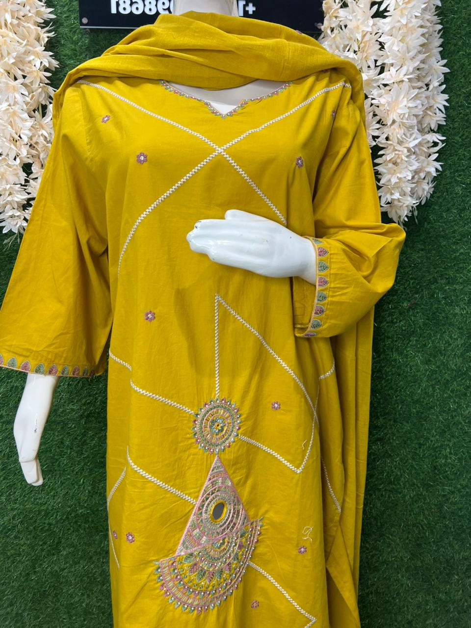 Gajji Silk A-Line Kurti & Pant Set with Applique Patch Embroidery