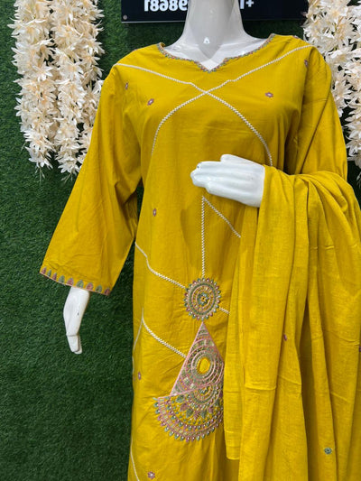 Gajji Silk A-Line Kurti & Pant Set with Applique Patch Embroidery